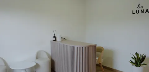 The studio reception desk, with a plant and the Luna mark on the wall